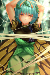 Rule 34 | 1girl, antennae, arms up, blue hair, breasts, brown eyes, butterfly wings, commentary request, dress, eternity larva, green dress, head tilt, highres, insect wings, large breasts, leaf, leaf on head, restrained, short hair, shounen (hogehoge), silk, solo, spider web, touhou, wings