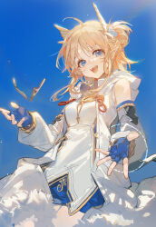 Rule 34 | 1girl, ahoge, blonde hair, blue eyes, blue sky, ciloranko, coat, commentary, cowboy shot, detached sleeves, dress, elf, ex astris, fingerless gloves, gloves, hair ornament, highres, open mouth, pointy ears, short dress, short hair, short hair with long locks, sky, sleeveless, sleeveless coat, smile, solo, symbol-only commentary, teeth, upper teeth only, white coat, white dress