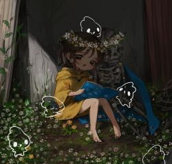 Rule 34 | 1girl, absurdres, bare legs, barefoot, black eyes, blush, book, brown hair, bug, centipede, commentary, day, field, flower, flower field, flower wreath, full body, hair flower, hair ornament, head wreath, highres, holding, holding book, hood, hood down, ishida umi, long sleeves, looking at object, medium hair, no pants, no shoes, open book, open mouth, original, outdoors, plant, rabbit, raincoat, reading, sitting, skeleton, solo, spider, symbol-only commentary, tarpaulin, vines, white flower, yellow flower, yellow raincoat