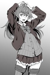 Rule 34 | 1girl, ascot, black background, blazer, cardigan, collared shirt, comb, cowboy shot, flat chest, gradient background, greyscale, hair between eyes, highres, jacket, kantai collection, kumano (kancolle), kumano kai ni (kancolle), long hair, long sleeves, looking at viewer, monochrome, open mouth, ponytail, school uniform, shingyou (alexander-13), shirt, skirt, solo, thighhighs
