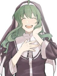 Rule 34 | 1girl, :d, ahoge, blush, closed eyes, green hair, hand on own chest, hand on own neck, highres, long hair, maria (housamo), medium bangs, nun, open mouth, simple background, smile, solo, tokyo houkago summoners, traditional nun, upper body, wanijima, white background