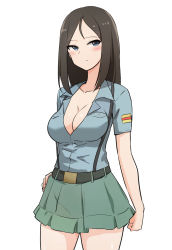 Rule 34 | 1girl, alternate costume, aoshidan school uniform, belt, black belt, black hair, blue eyes, blue shirt, blush, breasts, cleavage, closed mouth, collared shirt, commentary, cowboy shot, girls und panzer, green skirt, hand on own hip, highres, large breasts, light frown, long hair, looking at viewer, miniskirt, nasunael, nonna (girls und panzer), one-hour drawing challenge, partially unbuttoned, pleated skirt, school uniform, shirt, short sleeves, simple background, skirt, solo, spanish flag, standing, suspender skirt, suspenders, swept bangs, white background
