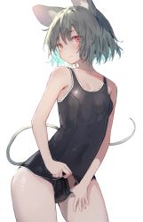 Rule 34 | 1girl, absurdres, animal ears, blush, breasts, collarbone, contrapposto, covered navel, cowboy shot, grey hair, highres, looking at viewer, mamemochi, mouse ears, mouse tail, nazrin, one-piece swimsuit, red eyes, school swimsuit, school swimsuit flap, short hair, simple background, small breasts, solo, swimsuit, tail, touhou, white background