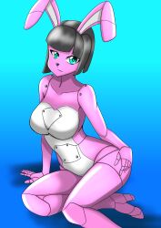 Rule 34 | 1girl, absurdres, android, black hair, blue background, blue eyes, bolt, breasts, eyelashes, furry, furry female, hand on own hip, high heels, highres, joints, looking at viewer, mechanical arms, original, rabbit ears, rivets, robot, robot girl, robot joints, short hair, stiletto heels, thurosis