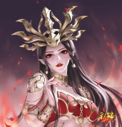 Rule 34 | 1girl, absurdres, artist request, black hair, cai lin (doupo cangqiong), doupo cangqiong, earrings, fire, glint, hair ornament, hand up, head tilt, highres, jewelry, long hair, looking at viewer, parted lips, pointy ears, red nails, red tank top, second-party source, solo, tank top, teeth, upper body