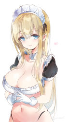 Rule 34 | 1girl, bad id, bad pixiv id, blonde hair, blue eyes, breasts, cleavage, collarbone, crop top, detached collar, emily (pure dream), gloves, highleg, large breasts, long hair, looking at viewer, maid, maid headdress, navel, original, own hands together, short sleeves, sidelocks, simple background, skindentation, smile, solo, steepled fingers, stomach, upper body, white background, white gloves