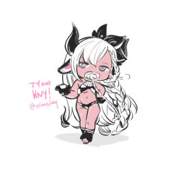 Rule 34 | 1girl, 2021, animal ears, animal print, bare shoulders, bikini, braid, chibi, chinese zodiac, cow print, facing viewer, full body, granblue fantasy, hand on own hip, happy new year, helel ben shalem, horns, long hair, looking at viewer, midriff, navel, new year, pacifier, side braid, simple background, solo, standing, swimsuit, thank you, tribute (tributism), white background, year of the ox