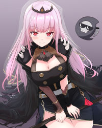 Rule 34 | 1girl, asymmetrical sleeves, belt, black cape, black dress, breasts, cape, cleavage, death-sensei (mori calliope), detached sleeves, dress, head tilt, heckler kai, highres, hololive, hololive english, large breasts, long hair, looking at viewer, mori calliope, pink eyes, pink hair, scythe, side slit, sitting, smile, solo, spikes, uneven sleeves, v arms, veil, virtual youtuber, white belt
