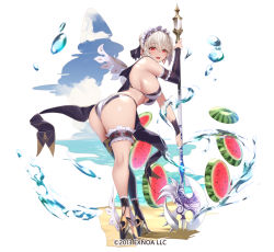 Rule 34 | 1girl, ass, ass focus, axe, beach, bent over, breasts, bridal garter, food, fruit, high heels, large breasts, leaning forward, looking at viewer, looking back, maid, maid headdress, official art, open mouth, red eyes, sennen sensou aigis, serra (sennen sensou aigis), sideboob, simple background, single thighhigh, smile, solo, thigh strap, thighhighs, watermelon, weapon, white background, white hair, yaman, yaman (yamanta lov)