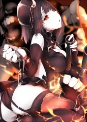 Rule 34 | 10s, 1girl, abyssal ship, ass, beret, black gloves, black hair, breasts, chain, collar, dark persona, female focus, from behind, garter straps, gloves, hat, kantai collection, koruta (nekoimo), large breasts, looking at viewer, looking back, open mouth, pale skin, red eyes, sexually suggestive, short hair, sitting, solo, suggestive fluid, takao (kancolle), thighhighs, wariza