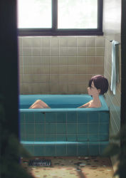 Rule 34 | 1girl, absurdres, bathing, bathroom, bathtub, black hair, blurry, blurry foreground, female focus, from side, highres, nisenni (anoranza), original, partially submerged, profile, sitting, solo, tile wall, tiles, towel, water, window