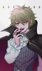 Rule 34 | 1boy, amami rantaro, black cape, cape, center frills, cfbs1vykihkwxbw, commentary request, danganronpa (series), danganronpa v3: killing harmony, ear piercing, fangs, frills, green eyes, green hair, grey background, hair between eyes, hand up, highres, jacket, jewelry, long sleeves, looking at viewer, male focus, nail polish, official alternate costume, open mouth, piercing, red cape, red nails, ring, shirt, short hair, simple background, smile, solo, striped clothes, striped shirt, two-sided cape, two-sided fabric, upper body, vampire, white shirt