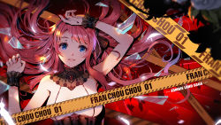 Rule 34 | 1girl, blue eyes, bracelet, breasts, caution tape, censored, copyright name, d-zhai, feathers, glass shards, hairband, hand on own head, highres, jewelry, long hair, lying, minamoto sakura, on back, open mouth, red hair, solo, zombie land saga