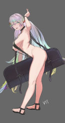 Rule 34 | 1girl, arm up, bag, belt, bikini bridge, breasts, cupitan (granblue fantasy), full body, gradient hair, granblue fantasy, grey background, hair ornament, hair scrunchie, highres, holding, holding bag, large breasts, looking at viewer, low twintails, multicolored hair, rainbow hair, sandals, scrunchie, sideboob, simple background, slingshot swimsuit, smile, solo, strap gap, swimsuit, twintails, utility belt, vyi