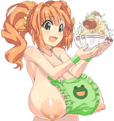 Rule 34 | 1girl, apron, breast slip, breasts, female focus, food, gigantic breasts, green eyes, hair ornament, idolmaster, idolmaster (classic), kasutaso, large areolae, naked apron, nipples, open mouth, orange hair, puffy nipples, sagging breasts, simple background, solo, takatsuki yayoi, twintails, upper body, white background