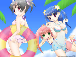 Rule 34 | 3girls, adjusting clothes, adjusting swimsuit, anklet, arin, ass, back, barefoot, bent over, bikini, black hair, blue hair, blue nails, blush, breasts, chemise, cleavage, cloud, day, flower, green eyes, hair flower, hair ornament, hair ribbon, hana, hana (pangya), hug, ichika, innertube, jewelry, kooh, long hair, looking back, medium breasts, multiple girls, nail polish, open mouth, outdoors, pangya, pink hair, ponytail, purple eyes, red eyes, ribbon, see-through, short hair, short twintails, sky, small breasts, striped bikini, striped clothes, summer, surprised, swim ring, swimsuit, twintails, v, wallpaper
