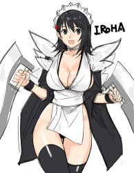 Rule 34 | 1girl, :d, black eyes, black hair, black thighhighs, blade, breasts, character name, cleavage, detached collar, hair ornament, highres, holding, holding weapon, iroha (samurai spirits), large breasts, long sleeves, looking at viewer, maid, maid headdress, open mouth, pelvic curtain, samurai spirits, sash, simple background, smile, solo, tetsu (kimuchi), thigh gap, thighhighs, wa maid, weapon, white background, wide sleeves