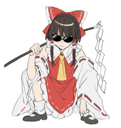 1girl ascot bare_shoulders black_footwear blunt_bangs bow brown_hair closed_mouth collared_dress detached_sleeves dress frilled_bow frilled_hair_tubes frills gohei hair_bow hair_ornament hair_tubes hakurei_reimu hand_up holding holding_gohei japanese_clothes jill_07km large_bow long_sleeves nontraditional_miko red_bow red_dress shoes short_hair sidelocks simple_background sleeveless sleeveless_dress socks solo squatting sunglasses touhou v-shaped_eyebrows white_background white_socks wide_sleeves yellow_ascot