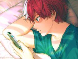Rule 34 | 1boy, bed sheet, blouse, blue eyes, boku no hero academia, burn scar, cellphone, commentary, eyelashes, from above, from side, green eyes, green shirt, holding, kimopoleis, looking at phone, lying, male focus, multicolored hair, on bed, on side, phone, pillow, profile, red hair, redrawn, scar, shirt, short hair, smile, solo, todoroki shouto, two-tone hair, upper body, watermark, web address, white hair