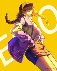 Rule 34 | 1girl, absurdres, artist name, baseball cap, black shorts, blonde hair, blue eyes, blunt bangs, braid, character name, hands on own hips, hat, highres, jacket, looking at viewer, midorin 567, paripi koumei, short shorts, shorts, sidelocks, simple background, solo, standing, tsukimi eiko, twin braids, twintails, yellow background