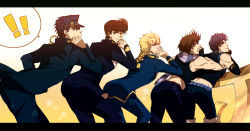 Rule 34 | !, !!, 5boys, ass, bad id, bad pixiv id, black hair, blonde hair, brown hair, family, father and son, gakuran, giorno giovanna, grandfather and grandson, hat, higashikata josuke, jojo no kimyou na bouken, jonathan joestar, joseph joestar, joseph joestar (young), kuujou joutarou, leaning, letterboxed, male focus, multiple boys, muscular, pompadour, scarf, school uniform, uncle and nephew, vento aureo, willow sage0000