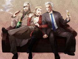 Rule 34 | 1girl, 2boys, alcohol, big boss, big mama, breasts, cigar, cleavage, coat, couch, crossed legs, eyepatch, family, father and son, formal, hal akane, konami, locked arms, metal gear (series), metal gear solid 4: guns of the patriots, mother and son, multiple boys, necktie, old, old man, old snake, old woman, scar, sitting, solid snake, suit, trench coat