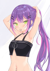 Rule 34 | 1girl, absurdres, armpits, arms behind head, arms up, bare shoulders, black camisole, black choker, blunt bangs, blush, breasts, camisole, choker, cleavage, collarbone, colored inner hair, commentary request, crop top, green eyes, hair ornament, hair tie, hairclip, highres, hololive, karmq, long hair, looking at viewer, midriff, mouth hold, multicolored hair, navel, navel piercing, o-ring, o-ring choker, piercing, pink hair, pointy ears, purple hair, sidelocks, simple background, small breasts, solo, standing, streaked hair, tokoyami towa, tying hair, upper body, virtual youtuber, white background