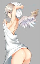 Rule 34 | 1girl, arm up, armpits, ass, bad anatomy, bare shoulders, blush, breasts, closed mouth, cowboy shot, feathered wings, from side, grey background, houdukixx, kishin sagume, leaning forward, looking at viewer, looking to the side, medium breasts, naked towel, red eyes, shiny skin, sideboob, sideways glance, silver hair, single wing, solo, touhou, towel, towel on head, wet, wings