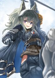 Rule 34 | 1girl, :d, animal ear fluff, animal ears, arknights, arm up, armored boots, black jacket, black pants, blush, boots, brown shirt, collared shirt, commentary request, dress shirt, gloves, grani (arknights), grey gloves, grey hair, hair between eyes, highres, holding, holding weapon, jacket, knee boots, long hair, looking at viewer, mg42cat-k1ng, open clothes, open jacket, open mouth, pants, ponytail, purple eyes, shirt, smile, solo, teeth, upper teeth only, weapon