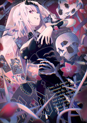Rule 34 | 1girl, absurdres, black dress, black headwear, black nails, blurry, blurry foreground, breasts, buttons, card, commentary, cowboy shot, double-breasted, dress, english commentary, english text, flower, goshichi shoji, gradient background, grin, hand up, heart, highres, holding, holding card, hololive, hololive english, large breasts, long hair, mori calliope, nail polish, pink hair, red background, red flower, ribs, single bare shoulder, single sleeve, skeleton, skull, smile, solo, tagme, tarot, tiara, veil, virtual youtuber