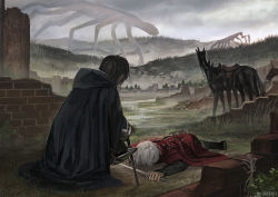 Rule 34 | 2boys, 3513, black hair, brick wall, cape, city, facing away, forest, giant, holding, holding sword, holding weapon, kneeling, lying, monokubo, monster, mountain, multiple boys, nature, on ground, planted, red cape, reins, ruins, saddle, scenery, short hair, sword, weapon, white hair