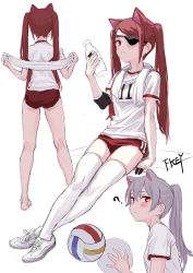 Rule 34 | 2girls, ?, animal ears, artist name, ass, ball, bandaid, bandaid on hand, bare legs, barefoot, blush, bottle, cat ears, commentary request, eyepatch, feiqizi (fkey), fkey, from behind, full body, gym shorts, gym uniform, highres, holding, holding ball, holding bottle, holding towel, long hair, looking at viewer, multiple girls, multiple views, original, ponytail, red eyes, red hair, red shorts, shirt, shoes, short sleeves, shorts, silver hair, simple background, sitting, sketch, sneakers, standing, swept bangs, thighhighs, thighs, towel, twintails, upper body, volleyball, volleyball (object), white background, white footwear, white legwear, white shirt
