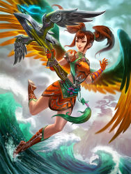 Rule 34 | 1girl, arrow (projectile), boots, bow (weapon), chinese clothes, cloud, cloudy sky, crossbow, feathered wings, gloves, green eyes, jing wei (smite), long hair, ocean, official art, orange hair, rock, simon eckert, sky, smite, solo, teeth, tree, twintails, water, weapon, wings