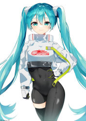 Rule 34 | 1girl, absurdres, aqua eyes, aqua hair, asymmetrical clothes, asymmetrical legwear, bad id, bad pixiv id, blush, bodystocking, bodysuit, breasts, closed mouth, contrapposto, covered navel, cowboy shot, crop top, crop top overhang, gloves, hair between eyes, hand on own hip, hatsune miku, headphones, highres, long hair, long sleeves, looking at viewer, niwa (niwaniwa 1227), racing miku, racing miku (2022), simple background, smile, solo, twintails, very long hair, vocaloid, white background