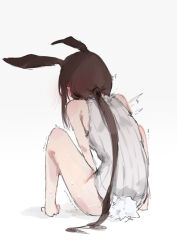 Rule 34 | 1girl, amiya (arknights), animal ears, arknights, barefoot, bottomless, brown hair, full body, grey shirt, long hair, low ponytail, motion lines, rabbit ears, rabbit girl, rabbit tail, shirt, simple background, sleeveless, sleeveless shirt, solo, tail, unitedunti, very long hair, white background