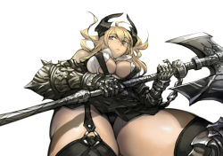 Rule 34 | 1girl, axe, battle axe, black thighhighs, blonde hair, blue eyes, breasts, cleavage, female focus, garter straps, gauntlets, holding, holding weapon, horns, large breasts, long hair, original, shinazo, simple background, solo, thighhighs, weapon, white background