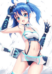 Rule 34 | 1girl, :d, ahoge, arm up, armpits, bare shoulders, black gloves, blue eyes, blue hair, breasts, collarbone, commentary request, elbow gloves, fang, fingerless gloves, gloves, hand up, highres, long hair, looking at viewer, navel, open mouth, original, prophosphere, see-through, simple background, skirt, small breasts, smile, solo, sword, twintails, v-shaped eyebrows, water, weapon, weapon on back, white background, white skirt
