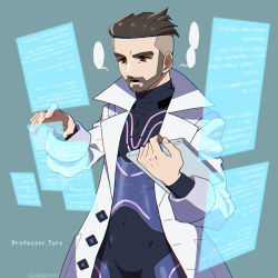 Rule 34 | 1boy, batabiru, beard, bodysuit, brown hair, character name, coat, commentary request, covered navel, creatures (company), facial hair, game freak, highres, holding, lab coat, long sleeves, lower teeth only, male focus, nintendo, open clothes, open coat, open mouth, pokemon, pokemon sv, short hair, solo, speech bubble, tablet pc, teeth, turo (pokemon), undercut