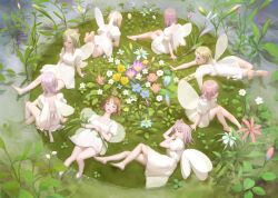 Rule 34 | 6+girls, bare legs, bare shoulders, barefoot, blonde hair, blush, brown hair, closed eyes, dress, artistic error, fairy, fairy wings, feet, flower, highres, lily pad, long hair, lying, mini person, minigirl, mujiha, multiple girls, nature, on back, on side, on stomach, original, pink hair, puffy short sleeves, puffy sleeves, purple eyes, purple hair, short hair, short sleeves, sitting, smile, soaking feet, wading, water, white dress, wings, wrong foot