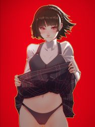 Rule 34 | 1girl, absurdres, black panties, blush, braid, clothes lift, crown braid, groin, highres, light smile, looking at viewer, navel, niijima makoto, panties, persona, persona 5, plaid, plaid skirt, pomelomelon, red background, red eyes, self exposure, short hair, skirt, smile, solo, thighs, underwear
