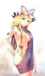 Rule 34 | 1girl, alternate costume, ass, backless dress, backless outfit, blonde hair, bow, breasts, cowboy shot, dress, from side, gradient background, hair bow, hair censor, half-closed eyes, halterneck, hand on own hip, hat, hat ribbon, highres, long hair, looking at viewer, looking to the side, medium breasts, meme attire, minust, mob cap, naked sweater, navel, pink background, purple background, purple eyes, purple sweater, ribbon, shiny skin, sketch, smile, solo, stomach, sweater, sweater dress, thighs, touhou, turtleneck, turtleneck sweater, virgin killer sweater, white background, yakumo yukari