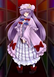 Rule 34 | 1girl, blue bow, blue ribbon, book, bookshelf, bow, crescent, crescent hair ornament, dress, footwear bow, frilled dress, frilled sleeves, frills, hair ornament, hair ribbon, hat, hat ribbon, highres, indoors, library, long hair, patchouli knowledge, purple eyes, purple hair, raito (010415), red bow, red ribbon, ribbon, shoes, solo, striped, touhou, very long hair