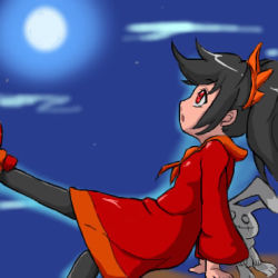 Rule 34 | 1girl, arm support, ashley (warioware), black hair, black pantyhose, child, cloud, cloudy sky, dress, hair ornament, long sleeves, looking up, lowres, moon, night, night sky, nintendo, outdoors, pantyhose, ponytail, profile, red dress, red eyes, sitting, sky, solo, star (symbol), stuffed animal, stuffed rabbit, stuffed toy, warioware