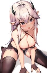 Rule 34 | 1girl, :p, bare arms, bare shoulders, black gloves, black nails, black shorts, black thighhighs, blue eyes, blush, breasts, cleavage, closed mouth, collarbone, fingerless gloves, gloves, grey hair, highres, horns, kaptivate, large breasts, long hair, nail polish, pointy ears, short shorts, shorts, simple background, sitting, skindentation, smile, thighhighs, thighs, tongue, tongue out, vei (vtuber), vei (vtuber) (9th costume), virtual youtuber, vshojo, wariza, white background