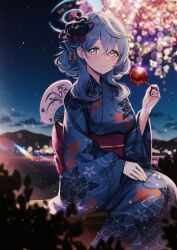 Rule 34 | 1girl, absurdres, ako (blue archive), alternate costume, animal print, blue archive, blue eyes, blue hair, blue halo, blue kimono, breasts, dawn, fireworks, fish print, floral print, flower, food, hair between eyes, hair flower, hair ornament, halo, hand fan, highres, holding, holding food, japanese clothes, kimono, long sleeves, looking at viewer, medium breasts, night, night sky, obi, outdoors, peony print, picter, print kimono, sash, sitting, sky, solo, star (sky), wide sleeves, yukata