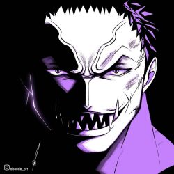Rule 34 | 1boy, aboude art, artist name, charlotte katakuri, commentary, instagram logo, instagram username, limited palette, looking at viewer, male focus, one piece, open mouth, scar, scar on face, sharp teeth, short hair, signature, solo, stitched mouth, stitches, teeth