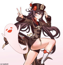Rule 34 | 1girl, brown hair, closed eyes, flower, genshin impact, ghost, hat, hat tip, highres, hu tao (genshin impact), long sleeves, mr tangsuyuk, nail polish, plum blossoms, red eyes, short shorts, shorts, simple background, smile, socks, solo, teeth, thighs, twintails, v, white background