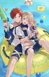 Rule 34 | 2boys, amagi hiiro, ball, bare legs, belt, blonde hair, blue eyes, bracelet, buckle, closed mouth, commentary request, dot nose, ensemble stars!, feet out of frame, green eyes, highres, holding, holding water gun, innertube, jewelry, long sleeves, looking at viewer, male focus, mc copycat, multiple boys, navel, one eye closed, open mouth, pool, red hair, shiratori aira (ensemble stars!), short hair, short sleeves, shorts, snap-fit buckle, stomach, swim ring, teeth, upper teeth only, water, water gun