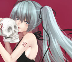 Rule 34 | 1girl, bad id, bad pixiv id, bare shoulders, blood, female focus, hair ribbon, hatsune miku, itou nanami, long hair, ribbon, simple background, skull, solo, twintails, vocaloid