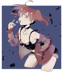 Rule 34 | 1girl, ahoge, bent over, black choker, black shorts, border, breasts, brown eyes, candy, choker, cleavage, clothes down, collarbone, cowboy shot, cropped legs, floating hair, food, grey background, hair between eyes, hand in pocket, highres, hinata natsumi, holding, jacket, jewelry, karashino, keroro gunsou, lollipop, long hair, long sleeves, medium breasts, midriff, necklace, open clothes, open jacket, red hair, red jacket, shiny skin, short shorts, shorts, sketch, skull necklace, solo, stomach, tongue, tongue out, twintails, white border
